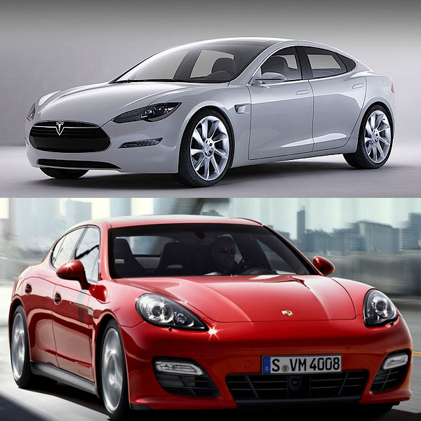 Oben ist das Elektroauto Model S von Tesla Motors zu sehen, unten der Porsche Panamera GTS. Bildquelle: Tesla Motors/Porsche