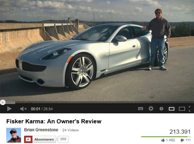 Brian Greenstone besitzt ein Exemplar des Elektroauto Fisker Karma. Bildquelle: Brian Greenstone/Youtube