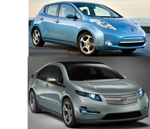 Oben ist der Nissan Leaf, unten der Chevrolet Volt. Bildquelle: Chevorlet und Nissan