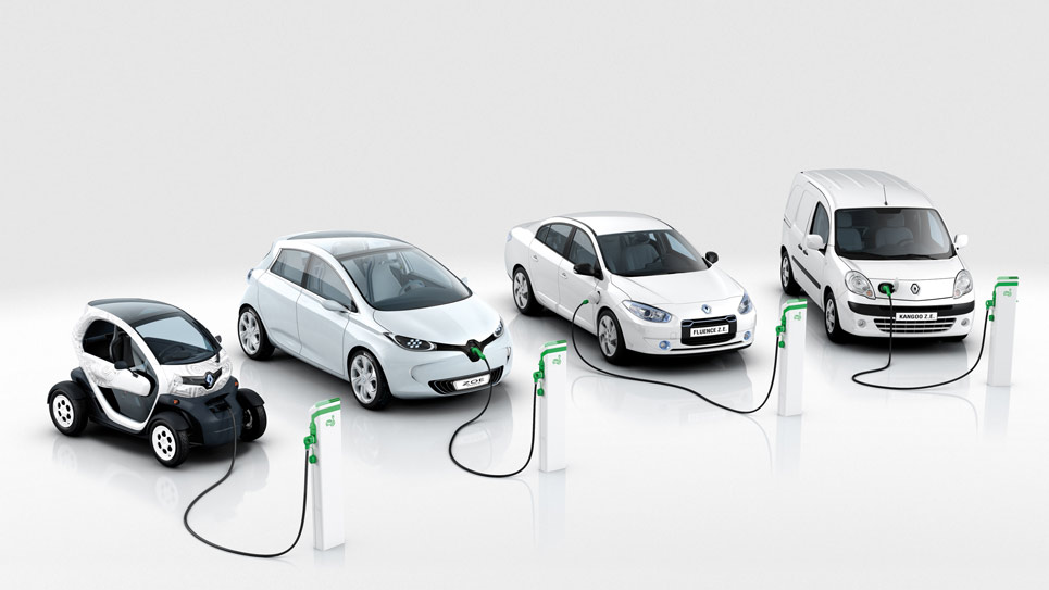 Dies sind die Elektroautos von Renault (vlnr.): Twizy, Zoe, Fluence ZE., Kangoo Z.E.. Bildquelle: Renault