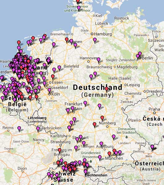 Hier sieht man die Orte, wo die Menschen wohnen, welche das Elektroauto Tesla Model S gekauft oder reserviert haben. Bildquelle: teslamotorsclub.com /zeemaps /Google