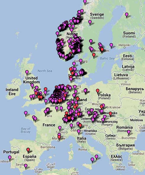 Hier ist fast ganz Europa zu sehen und die Orte, wo die neuen Model S Besitzer wohnen. Bildquelle: teslamotorsclub.com /zeemaps /Google