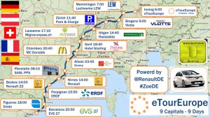 (Um das Bild zu vergrößern bitte auf die Grafik klicken)  Dies ist die Karte für die Tour mit dem Elektroauto Renault Zoe von München nach Barcelona. Bildquelle:  eProjekt/eRuda