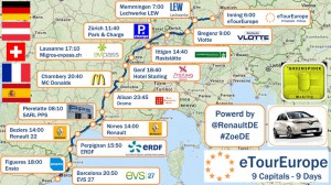 (Um das Bild zu vergrößern bitte auf die Grafik klicken) Dies ist die Karte für die Tour mit dem Elektroauto Renault Zoe von München nach Barcelona. Bildquelle: eProjekt/eRuda