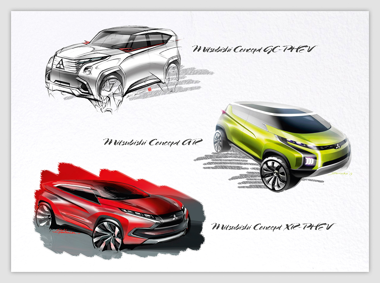 Dies sind die drei Konzepte der drei neuen Plug-In Hybridautos von Mitsubishi. Bildquelle: Mitsubishi