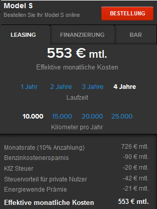 Dies ist der Leasingrechner für das Elektroauto Tesla Model S. Die Zahlen stammen vom 4. Januar 2014 (19:00Uhr). Bildquelle: Screenshot von Teslamotors.com