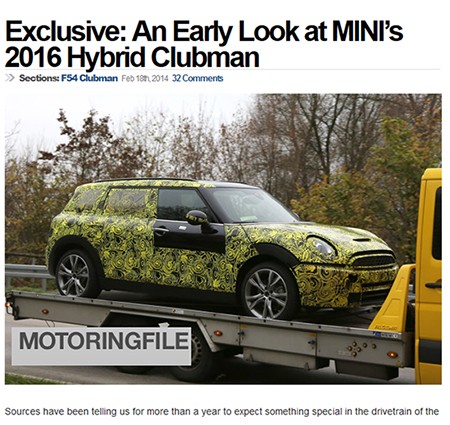 Dies könnte der Mini Clubman mit Plug-In Hybridantrieb sein, noch steckt er in seiner "Tarnlackierung". Bildquelle: Screenshot Motoringfile.com