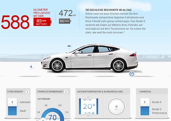 Reichweitenrechner für das Elektroauto Tesla Model S. Bildquelle: Screenshot von der Seite TeslaMotors.com