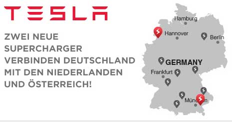 Dank 2 neuer Supercharger kann man mit dem Elektroauto problemlos zwischen Deutschland, Niederlande und Österreich fahren. Bildquelle: Tesla Motors