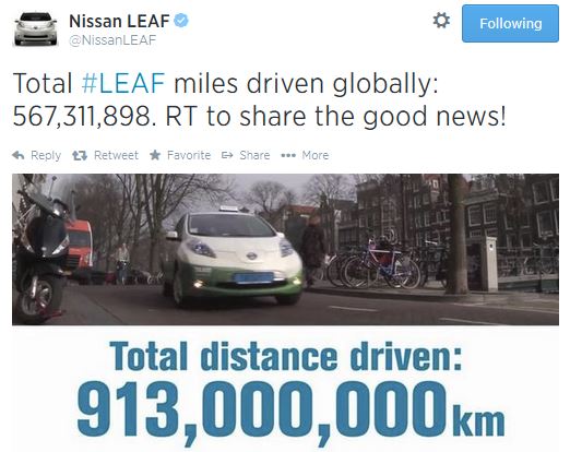 Im Juli 2014 wurden mit dem Elektroauto Nissan Leaf bereits über 913 Millionen Kilometer gefahren. Bildquelle: Nissan / Twitter