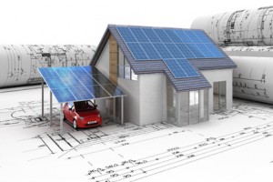Bei der Planung eines neuen Hauses sollte man auch den Bau von Solarzellen und den Kauf eines Elektroautos in Betracht ziehen. Bildquelle: © arsdigital - Fotolia.com
