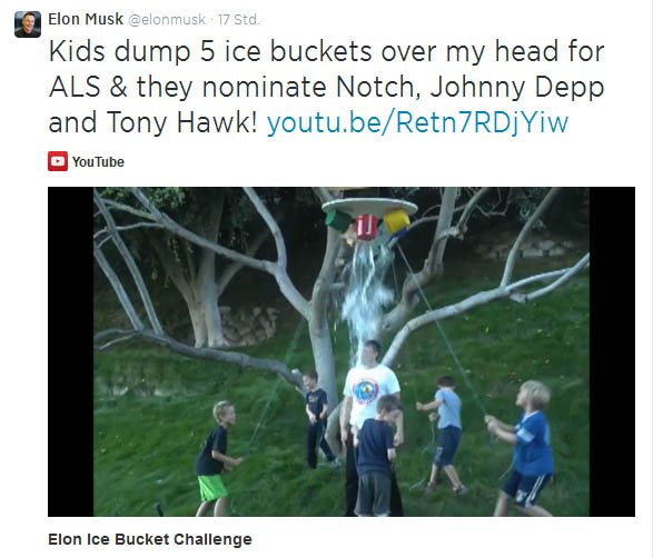 Im Rahmen der Ice Bucket Challenge hat sich Mr Elektroauto Elon Musk Eiswasser über den Kopf schütten lassen, er wurde von Bill Gates nominiert. Bildquelle: Elon Musk / Twitter