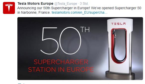 Am 12. August 2014 hat Tesla Motors getwittert, dass man bereits 50 Supercharger in Europa installiert hat. Bildquelle: Tesla Motors / Twitter