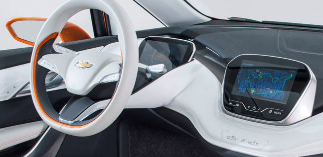 Im Innenraum des Elektroauto Chevrolet Bolt soll es keine Knöpfe geben, stattdessen wird die Klimaanlage usw. per Touchscreen gesteuert. Bildquelle: Chevrolet