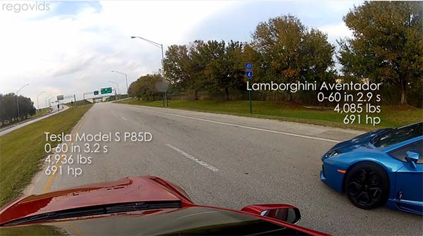 Elektroauto Tesla Model S P85D vs Lamborghini Aventador Race. Bildquelle: Screenshot Youtubekanal von Rego Apps