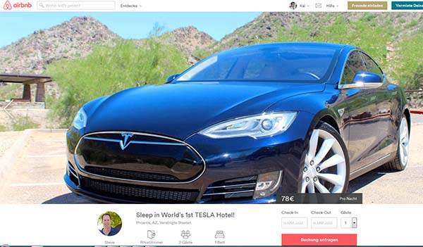 Das Elektroauto Tesla Model S wird sogar als Schlafplatz Angebote. Bildquelle: Screenshot Airbnb.com