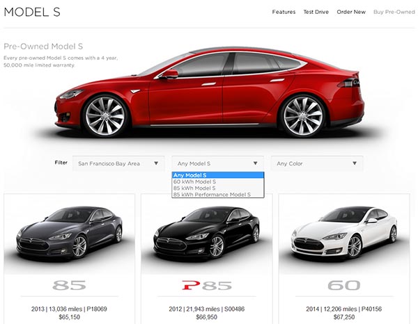 Tesla Motors bietet das Elektroauto Model S jetzt auch als Gebrauchtwagen an. Bildquelle: Screenshot von Teslamotors.com