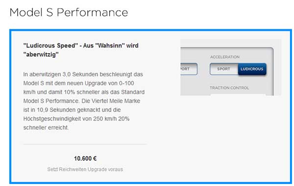Elektroauto Tesla Model S. "Ludicrous Speed" - Aus "Wahsinn" wird "aberwitzig". Bildquelle: Tesla Motors