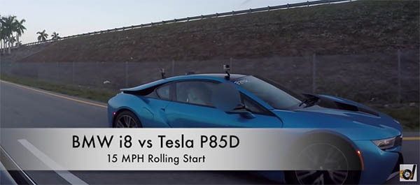 Elektroauto Tesla Model S P85D vs. Plug-In Hybridauto BMW i8. Bildquelle: DragTimes/Youtube.com