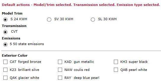 Screenshot des Bestellformular der 2016er Version des Elektroauto Nissan Leaf. Bildquelle: Nissan/http://www.andymohravonnissan.com