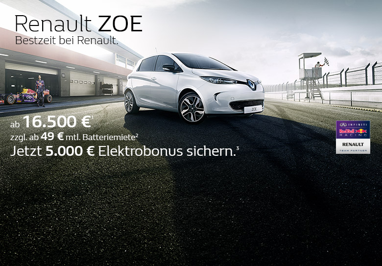 Der Elektrobonus in Höhe von 5.000 Euro wird nun bis zum 31.12.2015 für das Elektroauto Renault Zoe gewährt. Bildquelle: Renault