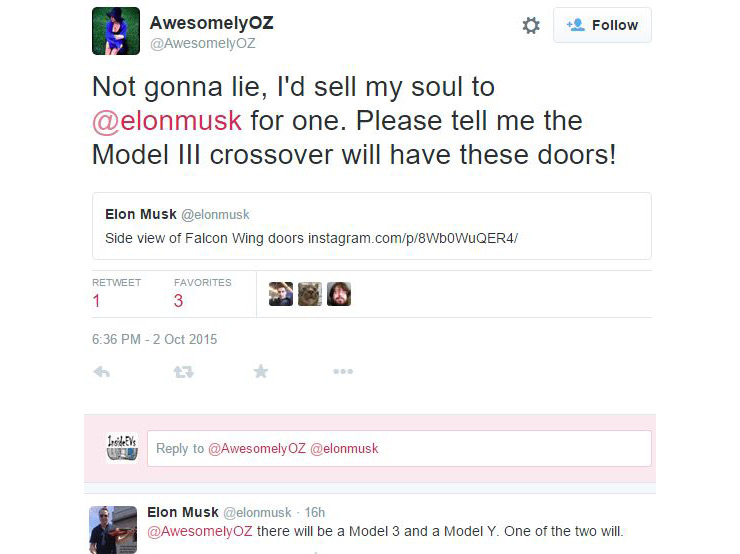 Hier hat Elon Musk via Twitter das Model Y angekündigt, ob dies ein Scherz war, ist unbekannt. Bildquelle: Twitter.com/Insideevs.com