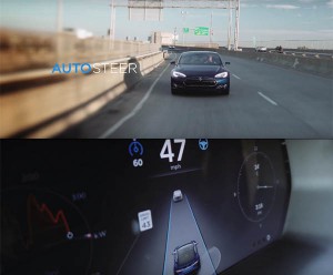 Symbolbild. Der Autopilot des Elektroauto Model S kann selbstständig die Spur halten, wörtlich übersetzt heißt Autosteer Auto(matik)lenkung. Bildquelle: Tesla Motors / Youtube.com