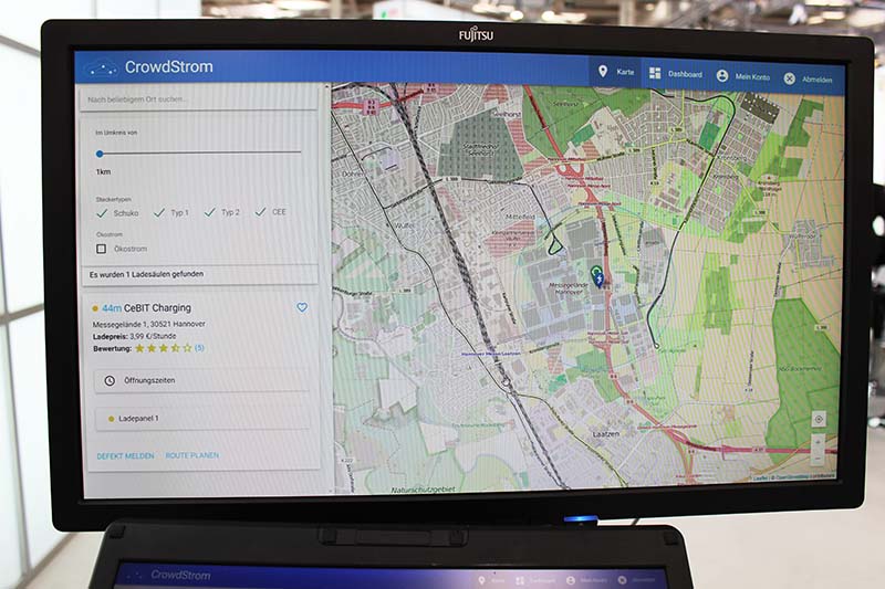 Mit der CrowdStrom-Lösung kann man für Elektroautos freigegebene Ladestationen suchen und finden, gleichzeitig wird auch die angezeigt, ob sie gerade belegt ist.