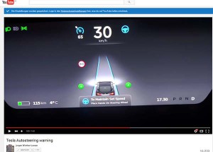 Wenn der Autopilot beim Elektroauto Tesla Model S aktiviert ist und der Mensch nicht mehr reagiert, bremst der Bordcomputer das Fahrzeug langsam ab und aktiviert die Warnblinker. So bleibt der PKW sicher stehen... Bildquelle: Screenshot vom Youtube-Video " Tesla Autosteering warning ", Kanal: jorgen Winther-Larsen