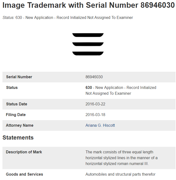 Dies ist ein Screenshot des Antrags auf das Markenrecht für den Model 3-Schriftzug (Bildquelle: Electrek.co)