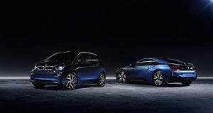 Das Elektroauto BMW i3 und das Plug-In Hybridauto BMW i8 wurden von Garage Italia CrossFade überarbeitet, dass Ergebnis wird auf der Paris international Motor Show 2016 präsentiert. Bildquelle: BMW