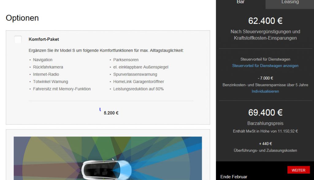 Augenscheinlich hat Tesla Motors für Deutschland die Preisstruktur für das Elektroauto Tesla Model S geändert, denn ohne das Komfort-Paket kostet der Stromer weniger als 60.000 Euro. Bildquelle: Screenshot von der Seite TeslaMotors.com