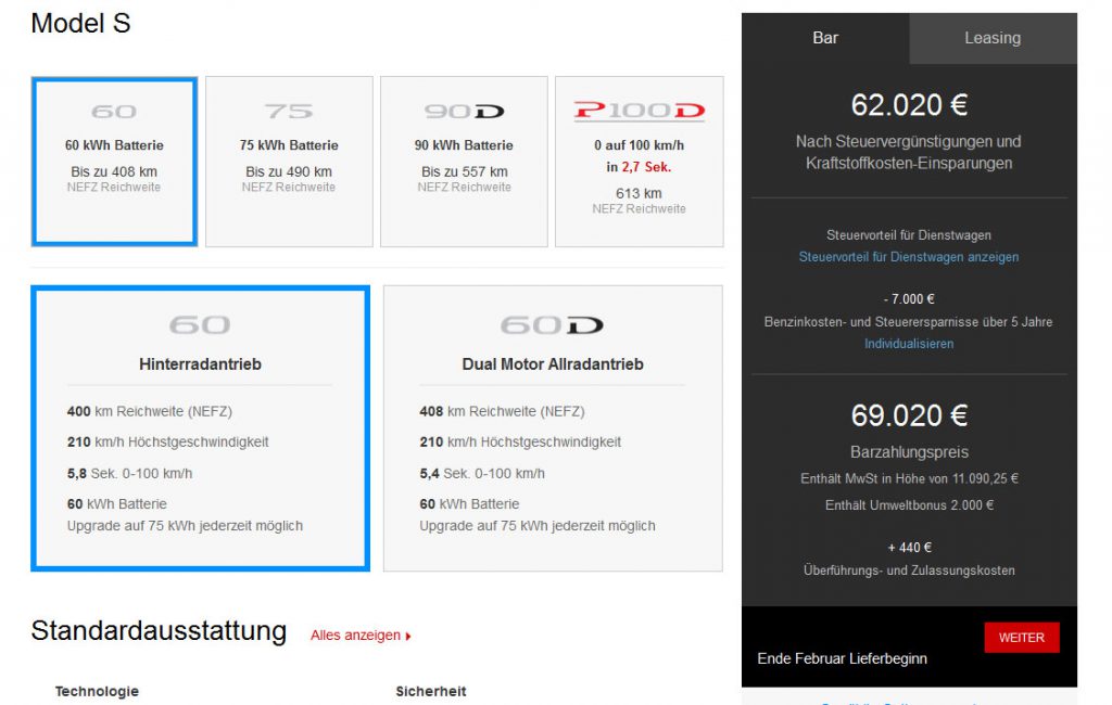 Seit dem 14. November 2016 gibt es für das Elektroauto Tesla Model S 60 die Umweltbonus genannte Kaufprämie in Deutschland. Bildquelle: Screenshot TeslaMotors.com