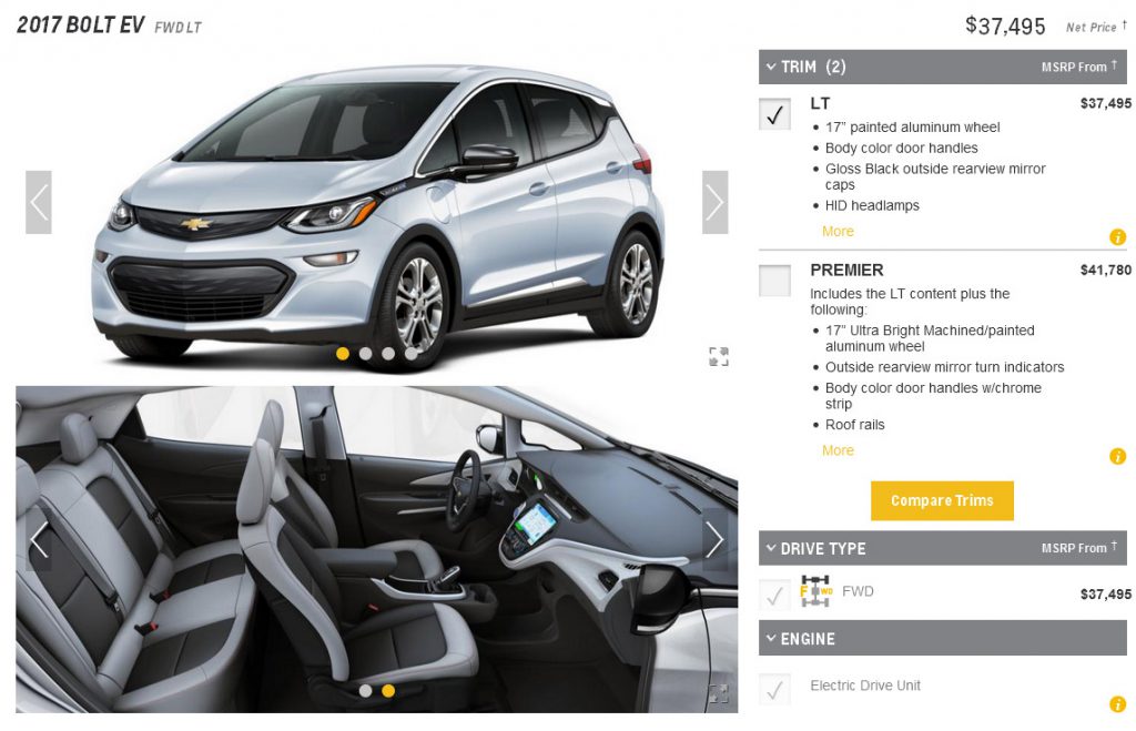 Konfigurator für das Elektroauto Chevrolet Bolt ist online. Screenshot von der Seite Chevrolet.com