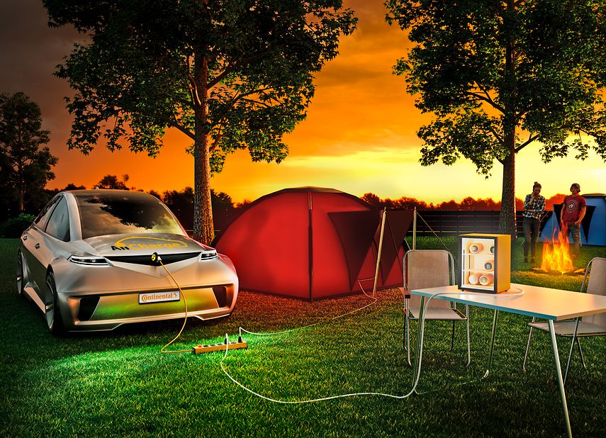 Das bidirektionale AllCharge System eröffnet völlig neue Nutzungsmöglichkeiten für die große in der Fahrzeugbatterie gespeicherte Energiemenge, beispielsweise am Campingplatz. © Continental