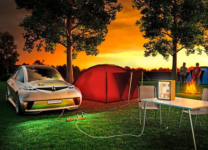 Das bidirektionale AllCharge System eröffnet völlig neue Nutzungsmöglichkeiten für die große in der Fahrzeugbatterie gespeicherte Energiemenge, beispielsweise am Campingplatz. © Continental 